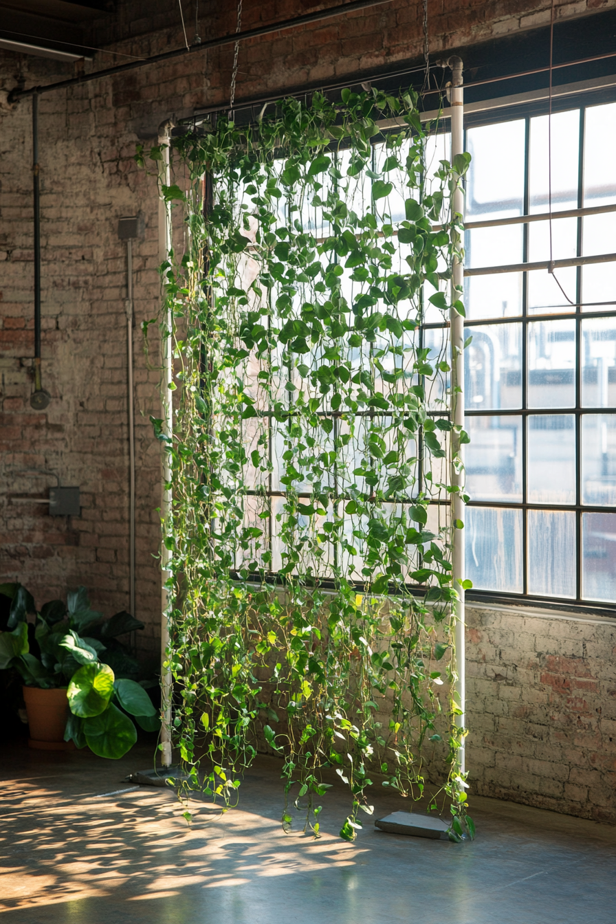 Multifunctional workspace. Green wall divider draped with Hanging Pothos under industrial windows.