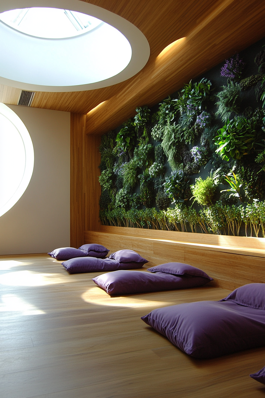 Yoga space. Bamboo flooring, living wall, circular skylight, meditation corner. Lavender colored meditation pillows.