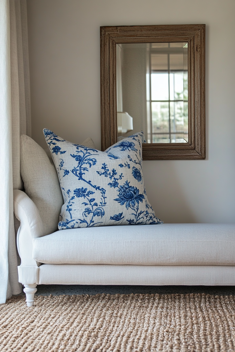 Coastal living space. Vintage floral cushion, blue chinoiserie mirrow, & textured woven rug.