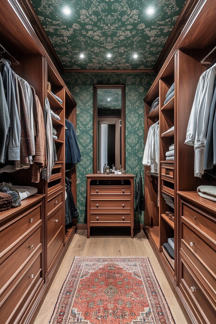 Walk-in closet. Compact mahogany dressers, emerald metallic wallpaper ceiling, smart mirror integration.