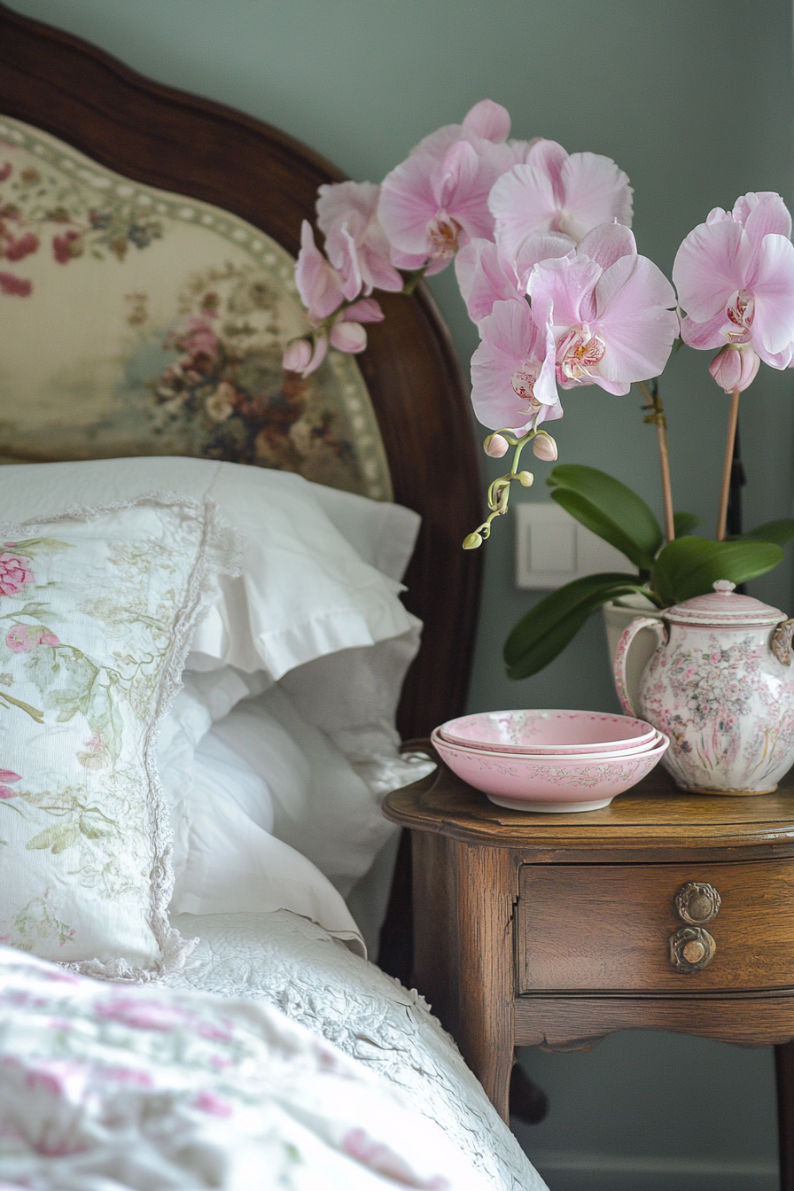 Luxurious bedside setup. Vintage card-table, soft pink ceramic dishes, orchid arrangement.