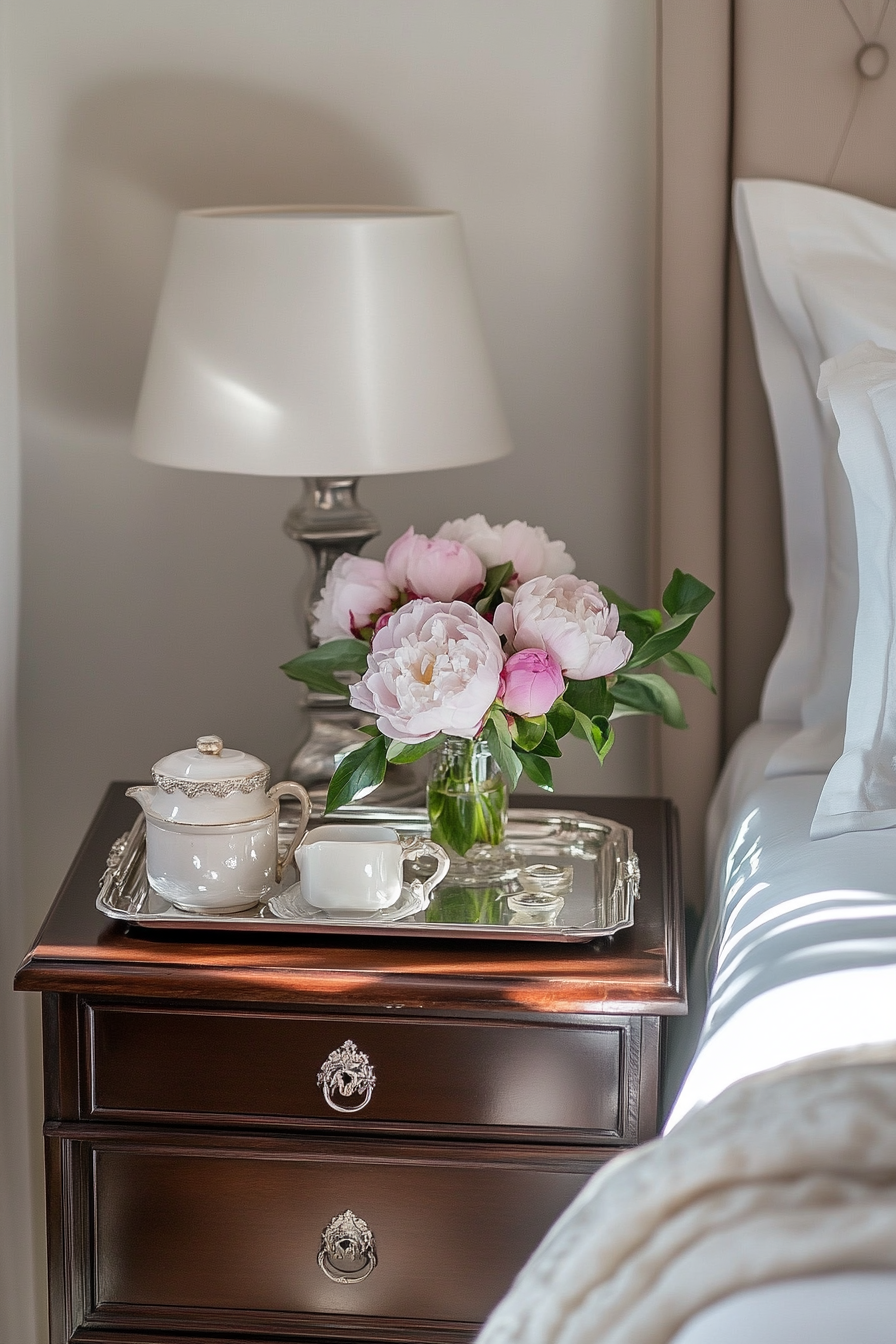 Luxurious bedside setup. Mahogany bedside table with aged silver trays and fresh peonies.