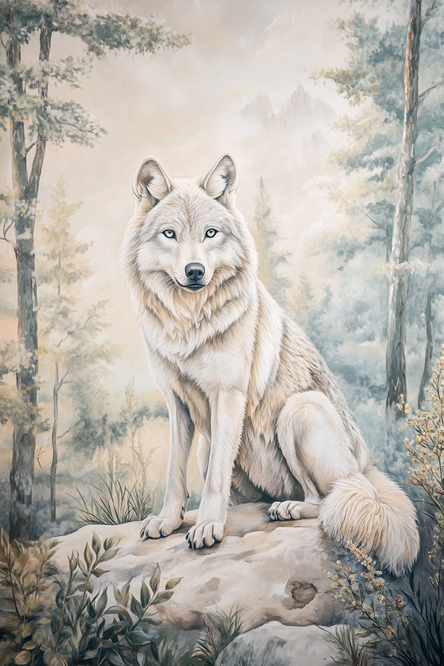 Baby room mural. Pastel-colored wolf in a serene forest.