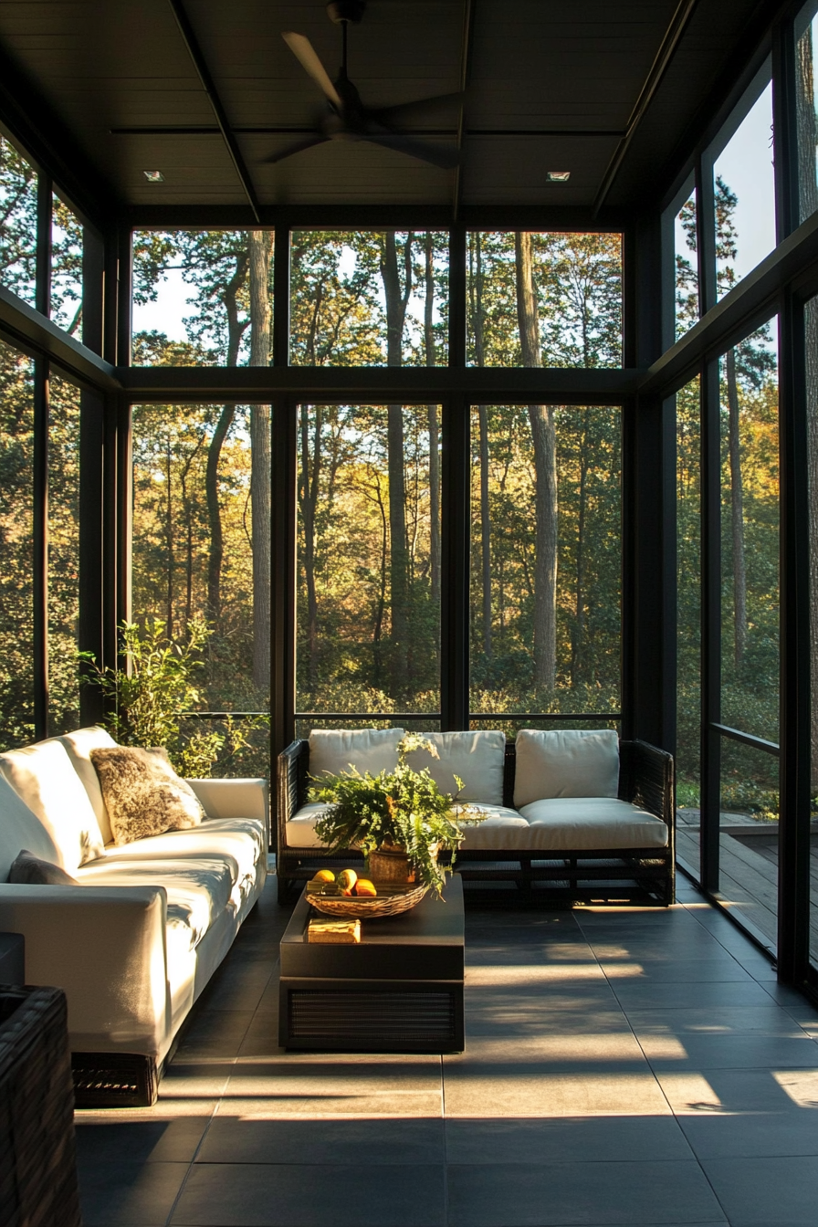 Modern enclosed porch. Glass walls detailed with black steel frames and minimalist white furniture.