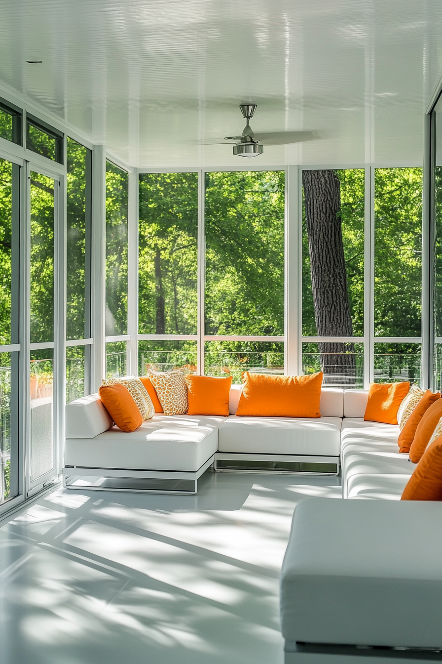 Modern enclosed porch. Sleek white sectionals with orange cushions against glass walls.