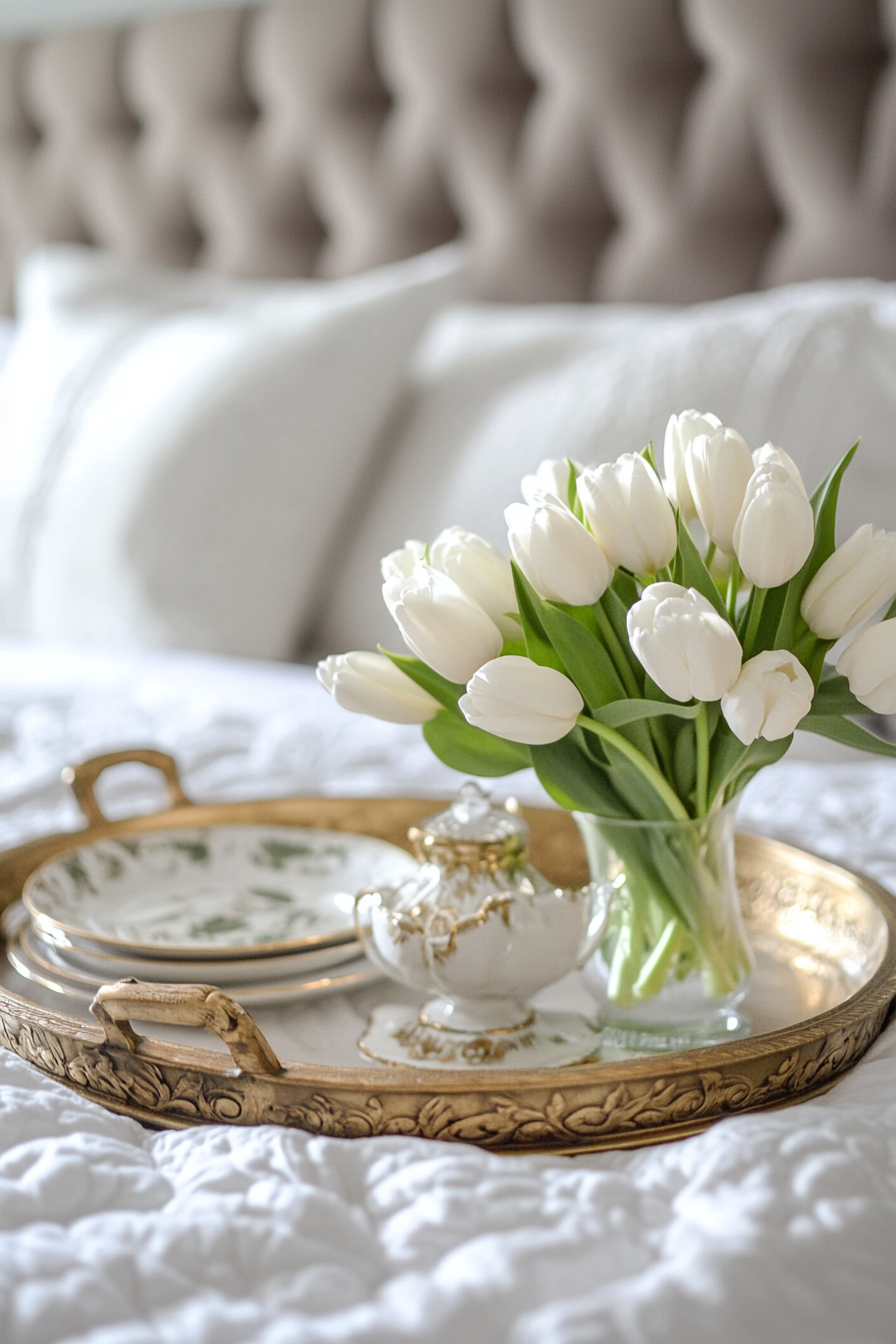 Luxurious bedside setup. Brass vintage tray, Vera Wang servingware, white tulip arrangement.