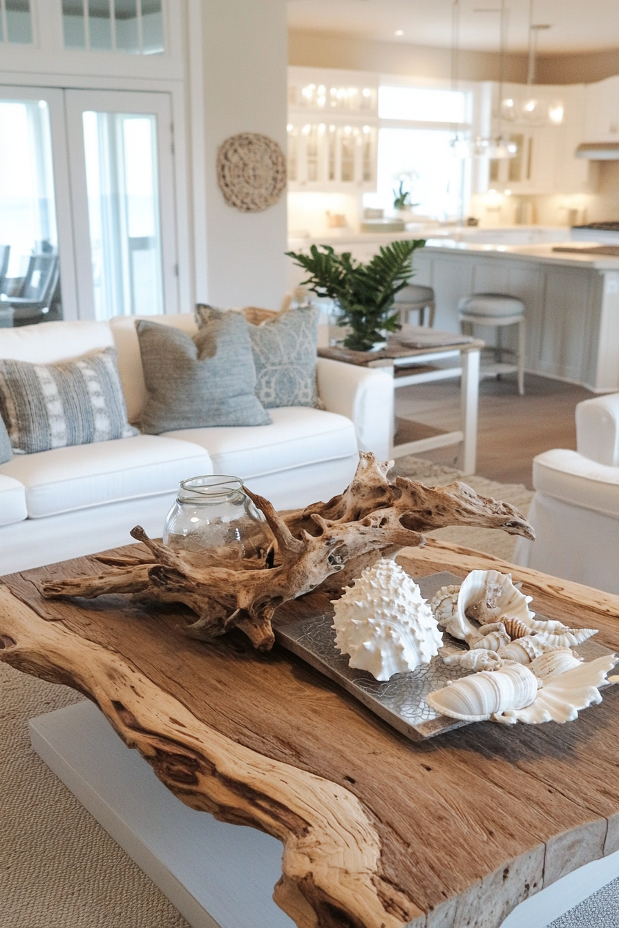 Coastal living home design. Driftwood coffee table with seashell accents.