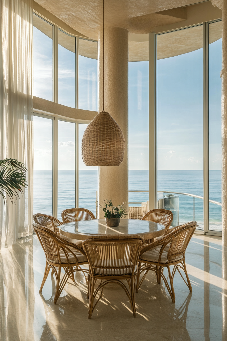 Dining room. Bleached brunette floors with curved rattan chairs and floor-to-ceiling ocean view.