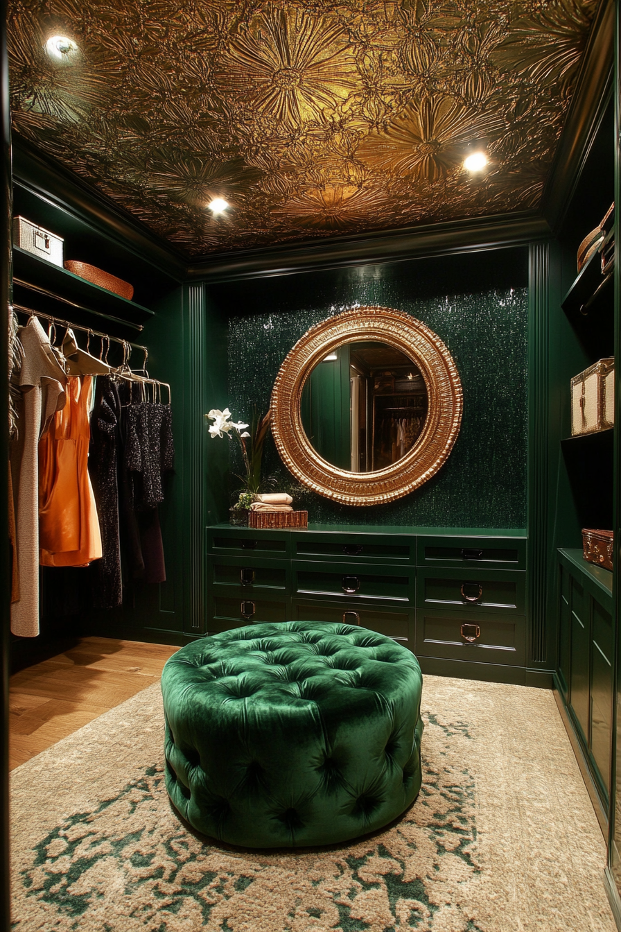 Walk-in closet. Emerald satin ottoman, textured gold wallpaper ceiling, hi-tech mirror.