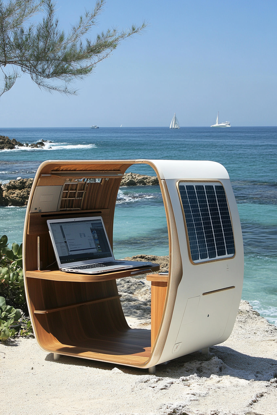 Flexible mobile office. Convertible workstation with solar-powered technology overlooking the ocean.