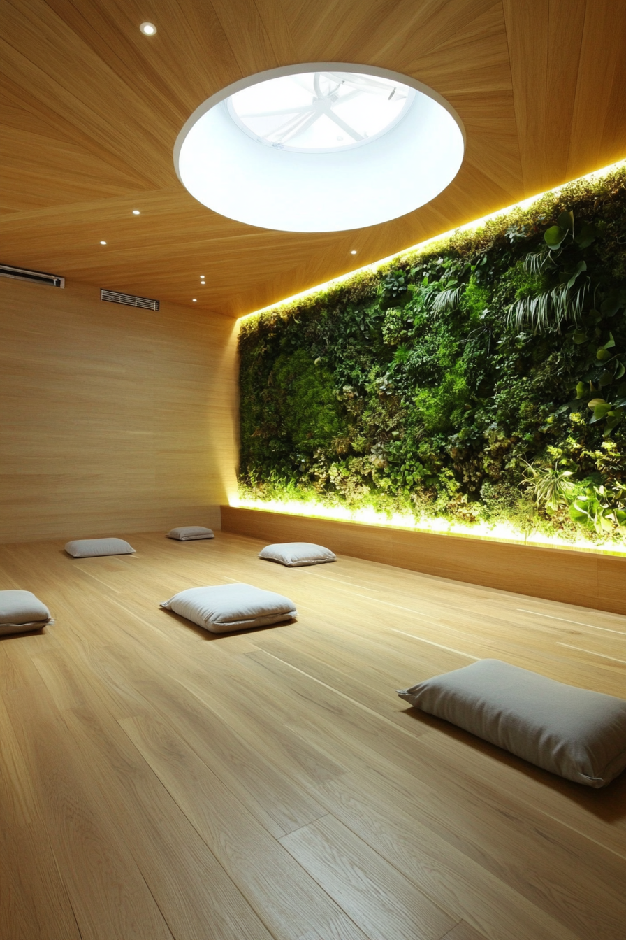 Yoga space. Bamboo flooring, meditation corner, living wall with circular skylight overhead.