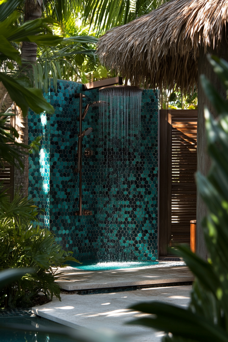 Pool house. Indoor-outdoor shower with aquamarine hexagonal tiles.