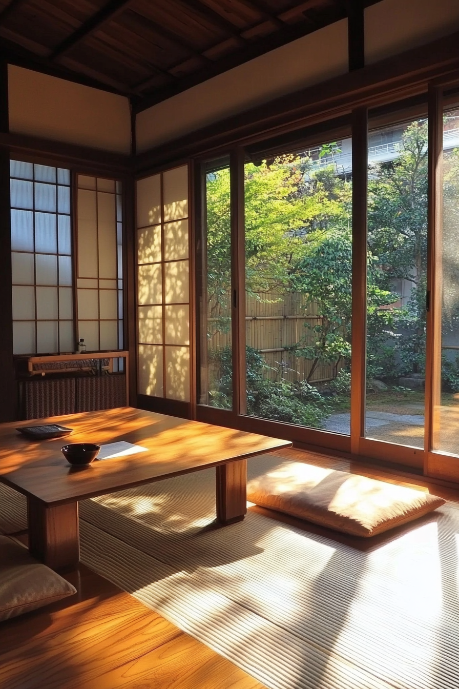 Minimal living space. Fold-out desk, tatami mat, and modular cabinets.