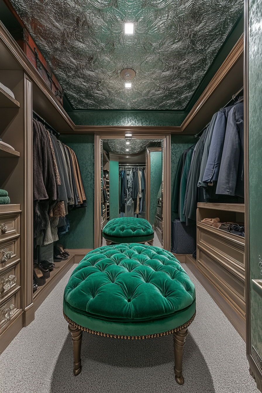 Walk-in closet. Emerald velvet ottoman, textured silver wallpaper ceiling, smart ceiling mirror.