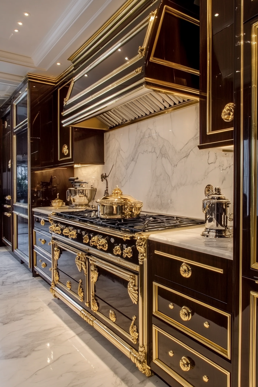 Kitchen design. Marble countertenops with gold trim and mahogany cabinets.