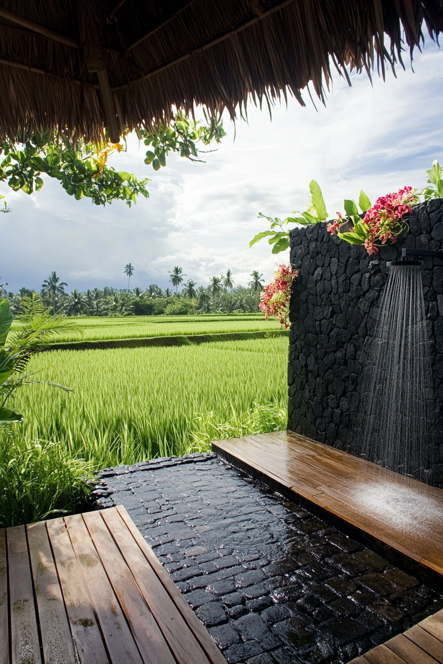 Outdoor shower. Black lava stone walls, teak platform, orchid wall, overlooking rice paddy.