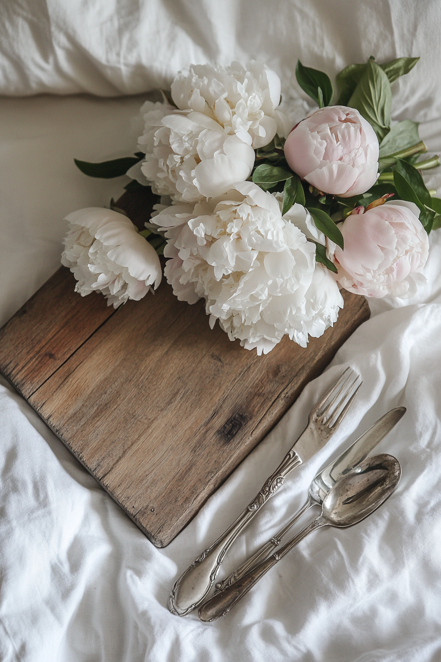 Bedside setup. Antique wooden board, silver flatware, peony bouquet.