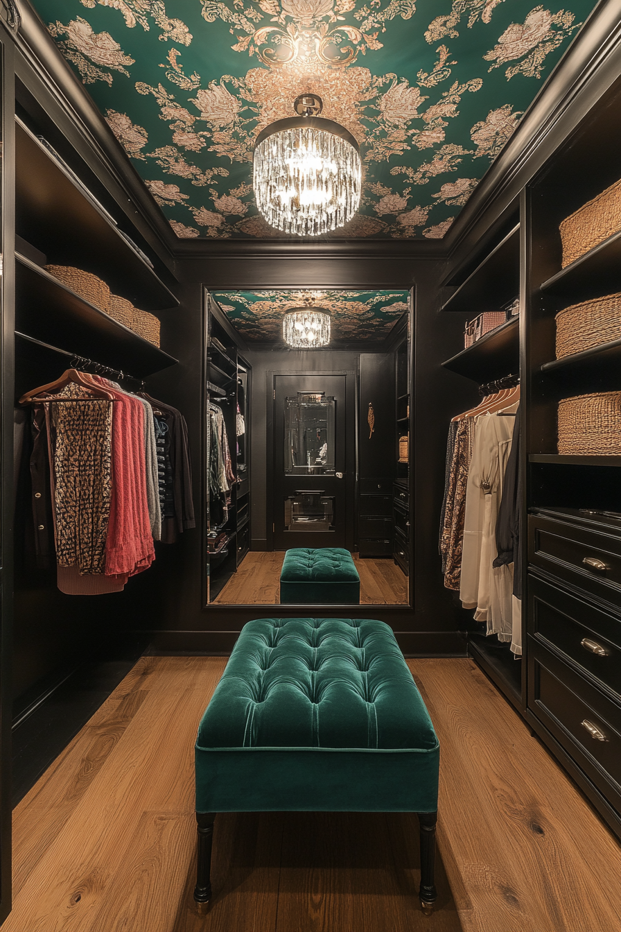 Walk-in closet. Emerald velvet ottoman, damask-print ceiling wallpaper, smart-interactive mirror.