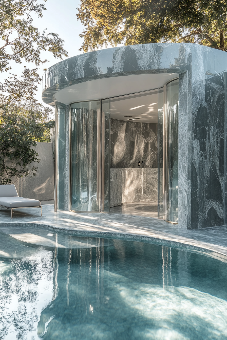 Pool house. Wall-to-wall glass facade, corner-placed indoor-outdoor shower, curve-shaped changing cabana, grey marble lounging area facing pool.