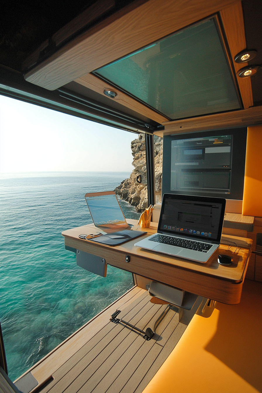 Flexible mobile office. Convertible workstation overlooking the ocean, enhanced with solar technology.