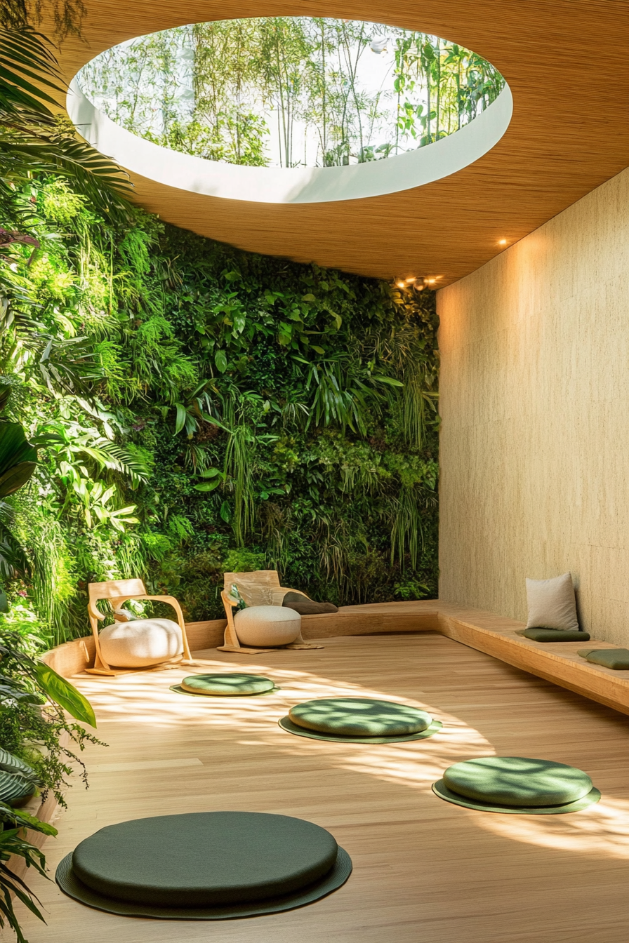 Serene yoga space. Bamboo flooring, circular skylight above a meditation corner with lush living wall.