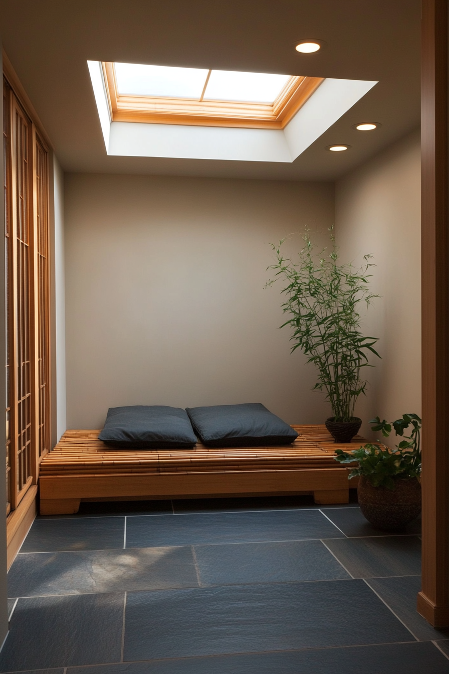 Meditation space. Floor cushion storage under dimly-lit skylight with bamboo bench.