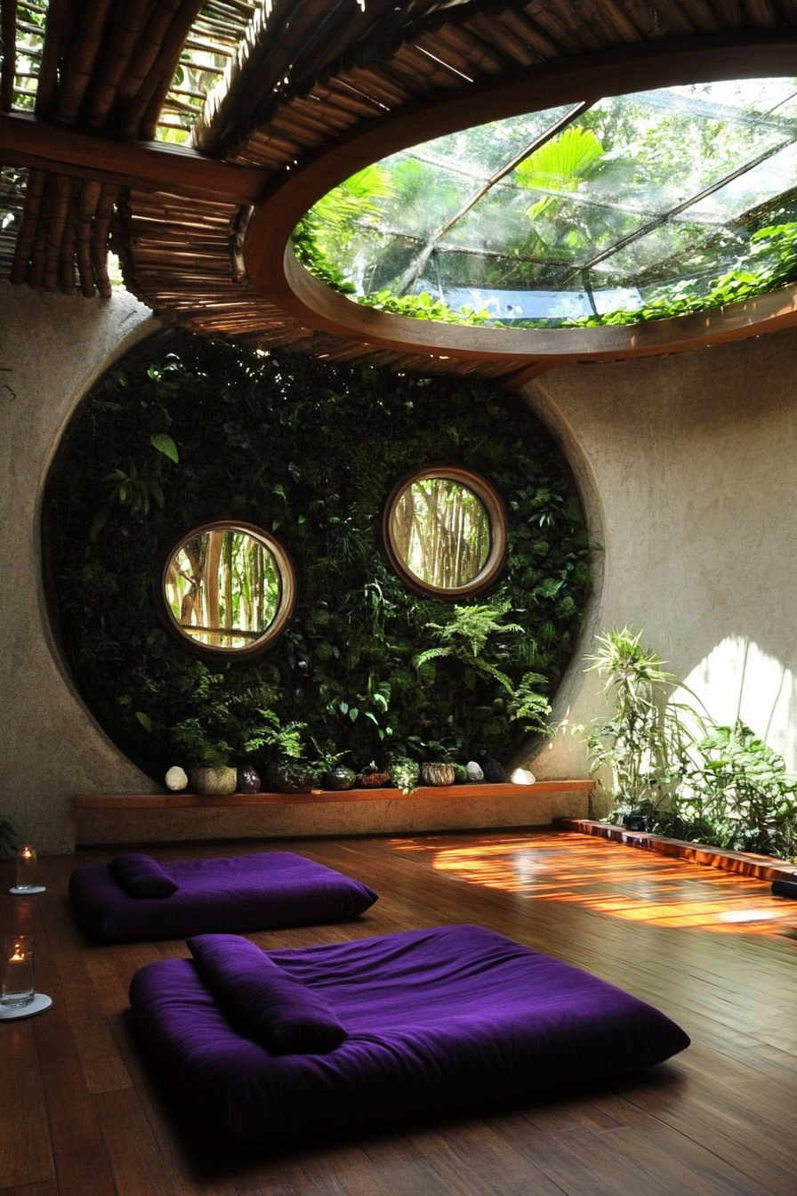 Yoga space. Floating bamboo shelves, silk meditation pillow, vertical garden, round glass ceiling.