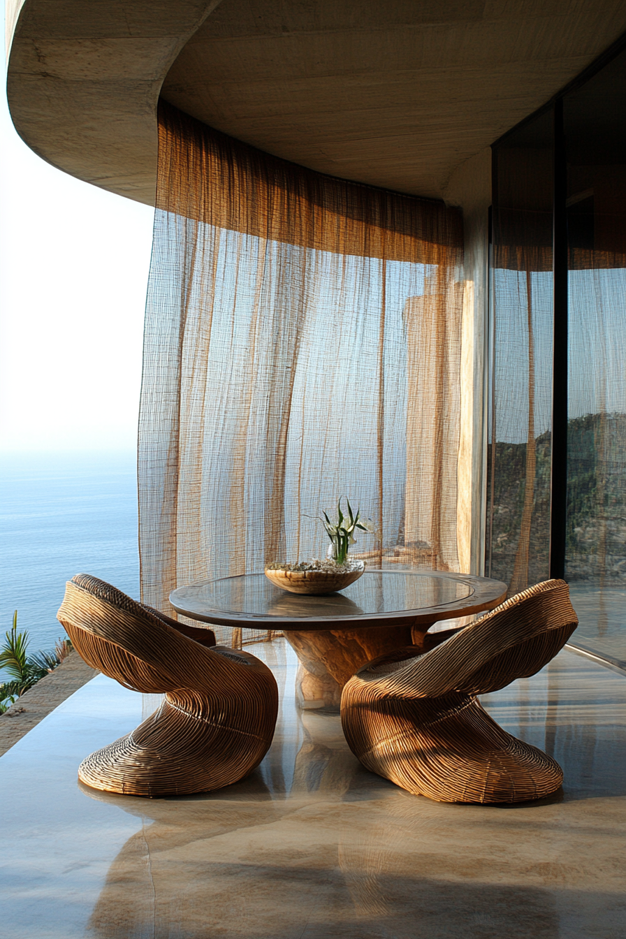 Dining room. Bleached brunette floor, curved rattan chair, transparent window with ocean view.