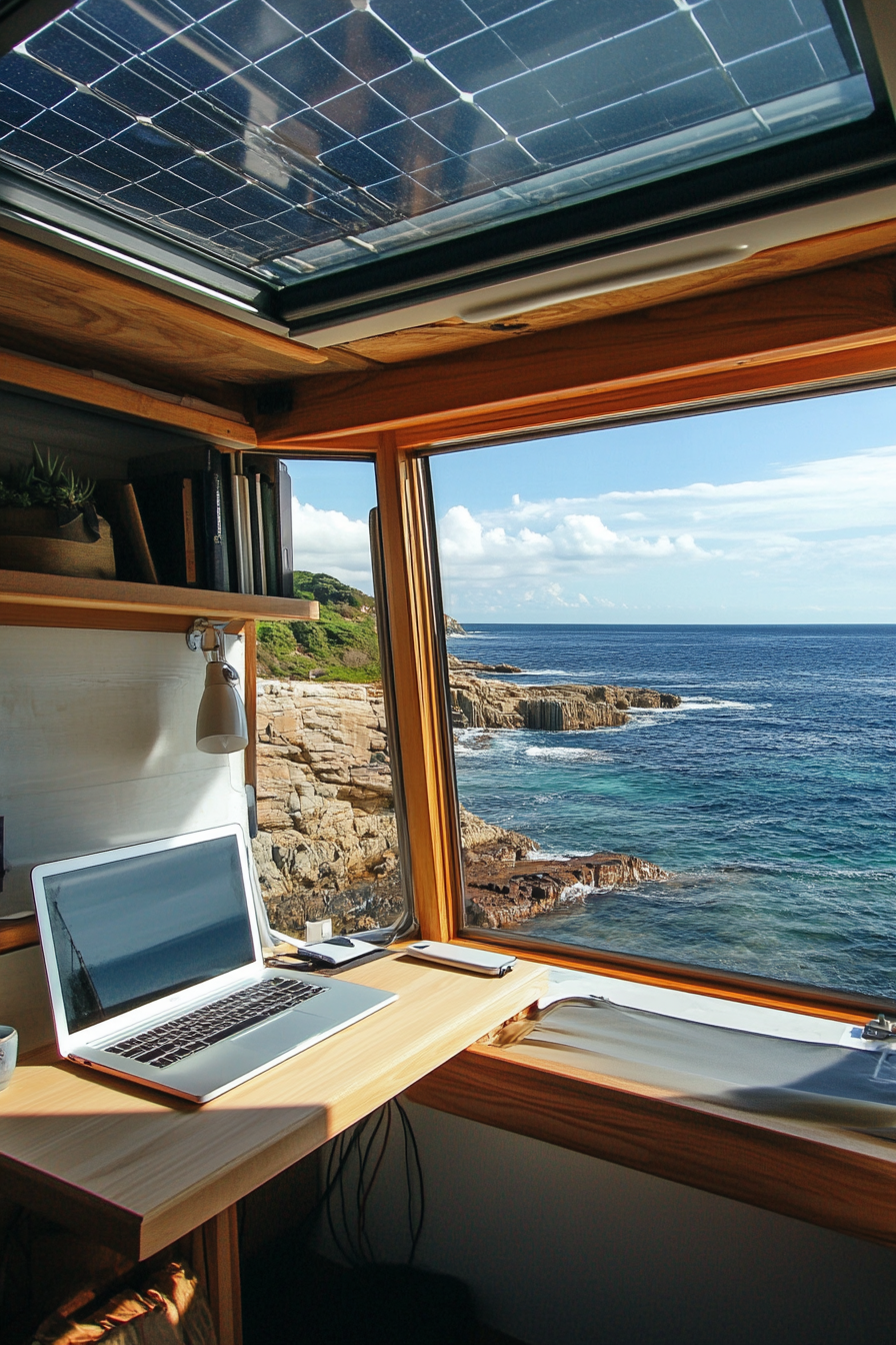 Mobile office. Convertible desk, rooftop solar panel, glass window facing the sea.