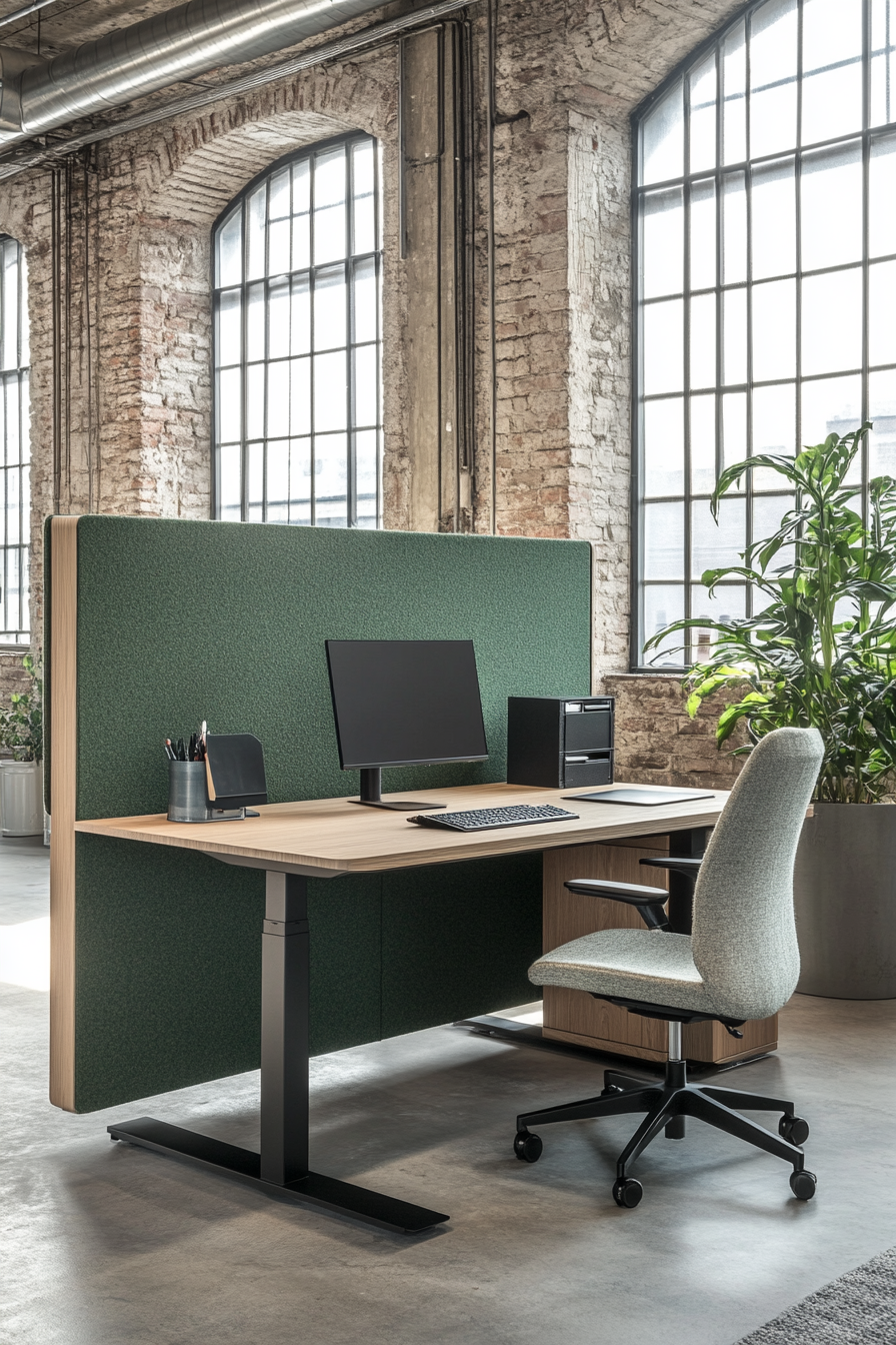 Remote workspace. Oak modular desk, moss green partition, transformable meeting alcove, industrial windows.