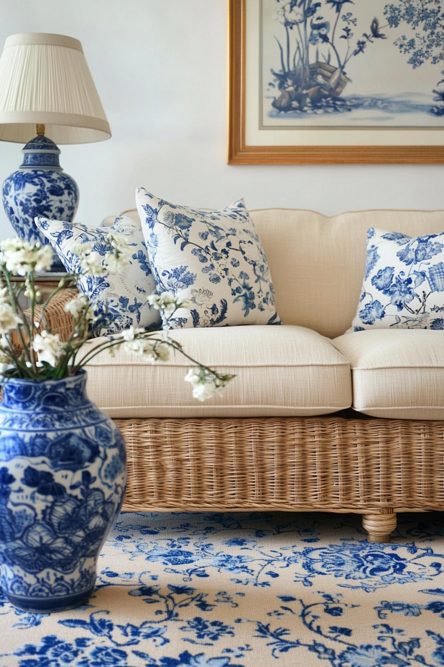 Coastal living space. Vintage floral carpet, woven beige loveseat, blue chinoiserie vase.