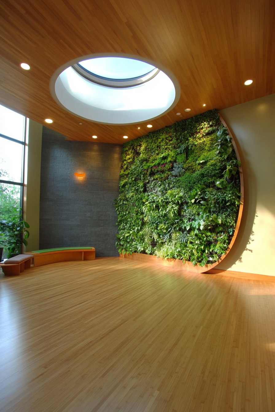 Serene yoga space. Bamboo flooring, meditation corner, circular skylight overhanging mantis color living wall.