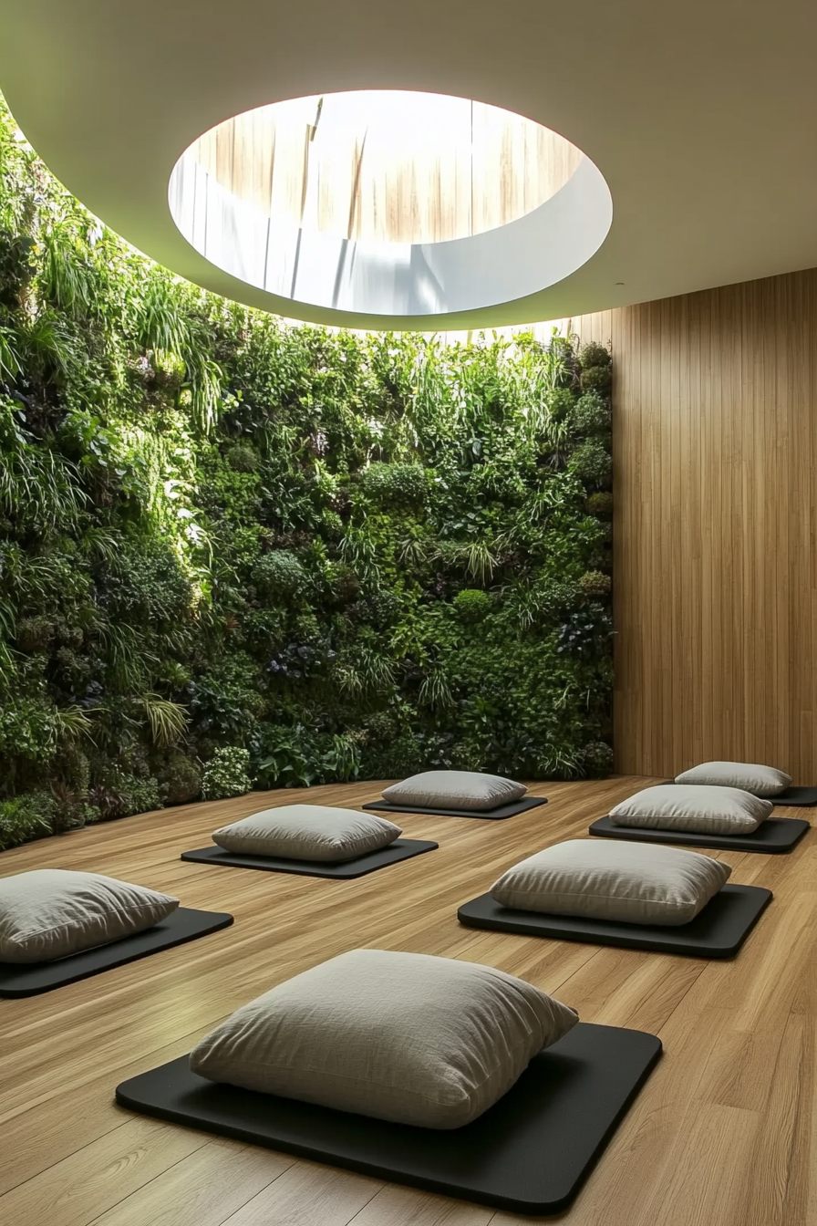 Yoga space. Bamboo flooring, square pillows, succulent living wall beneath a large circular skylight.