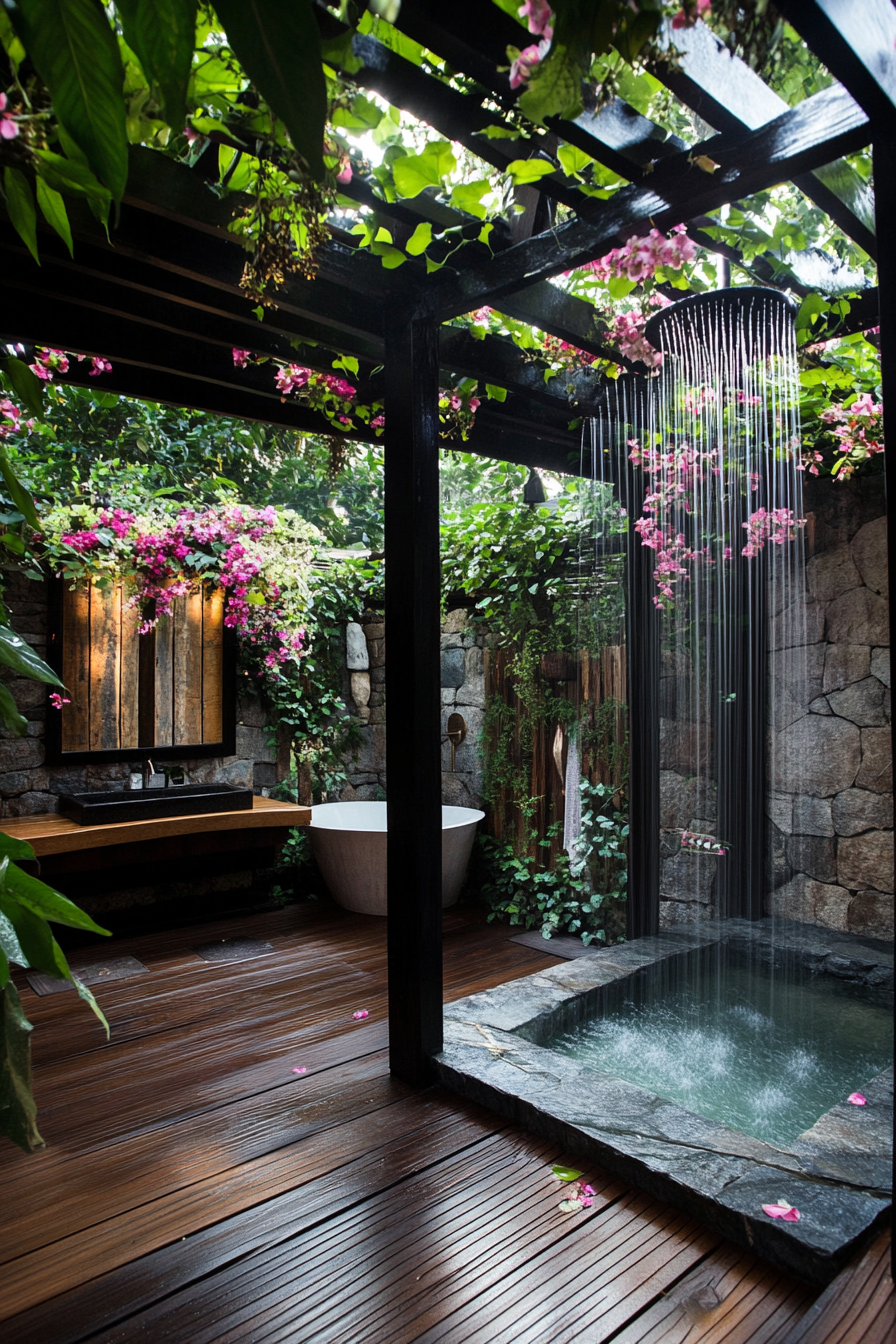 Outdoor bathroom. Teak flooring with stone bathtub and rainfall shower under floral pergola.