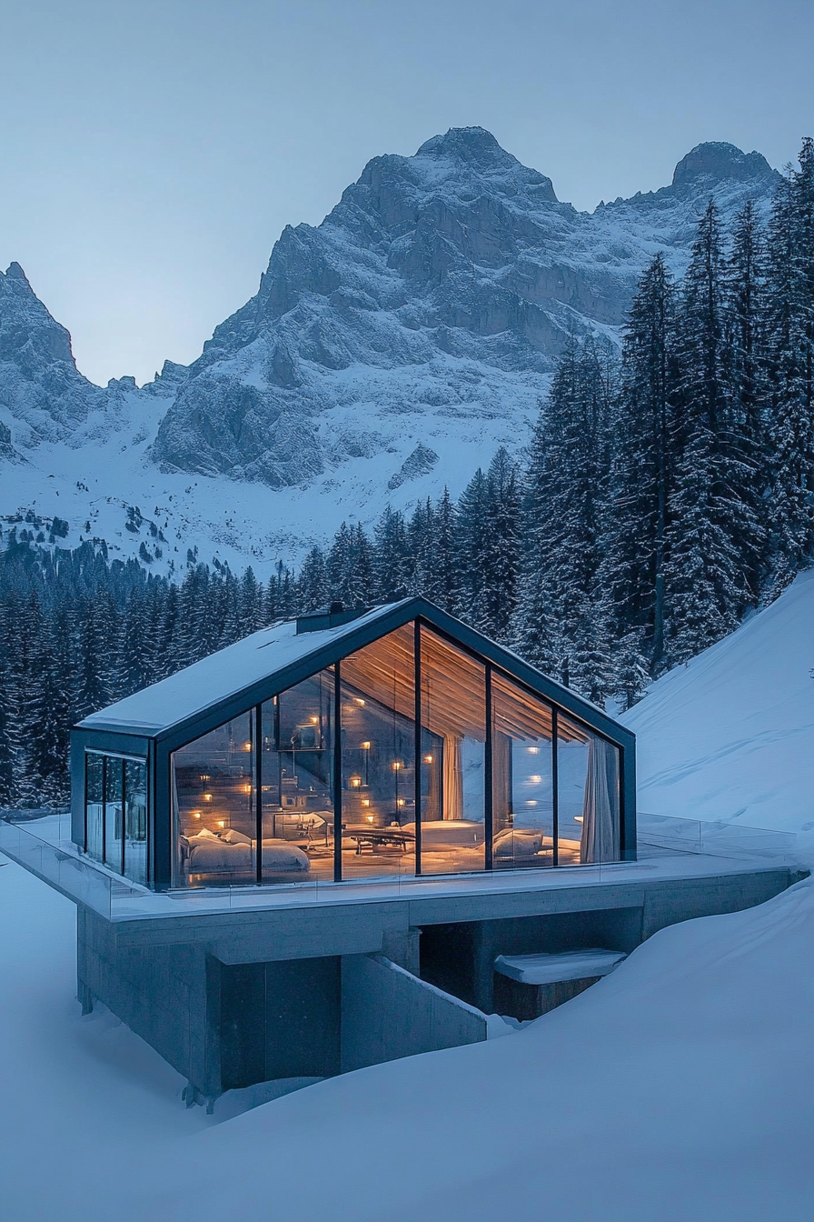 Contemporary Alpine living. Glass cabin with frost-laced panoramic mountain view.