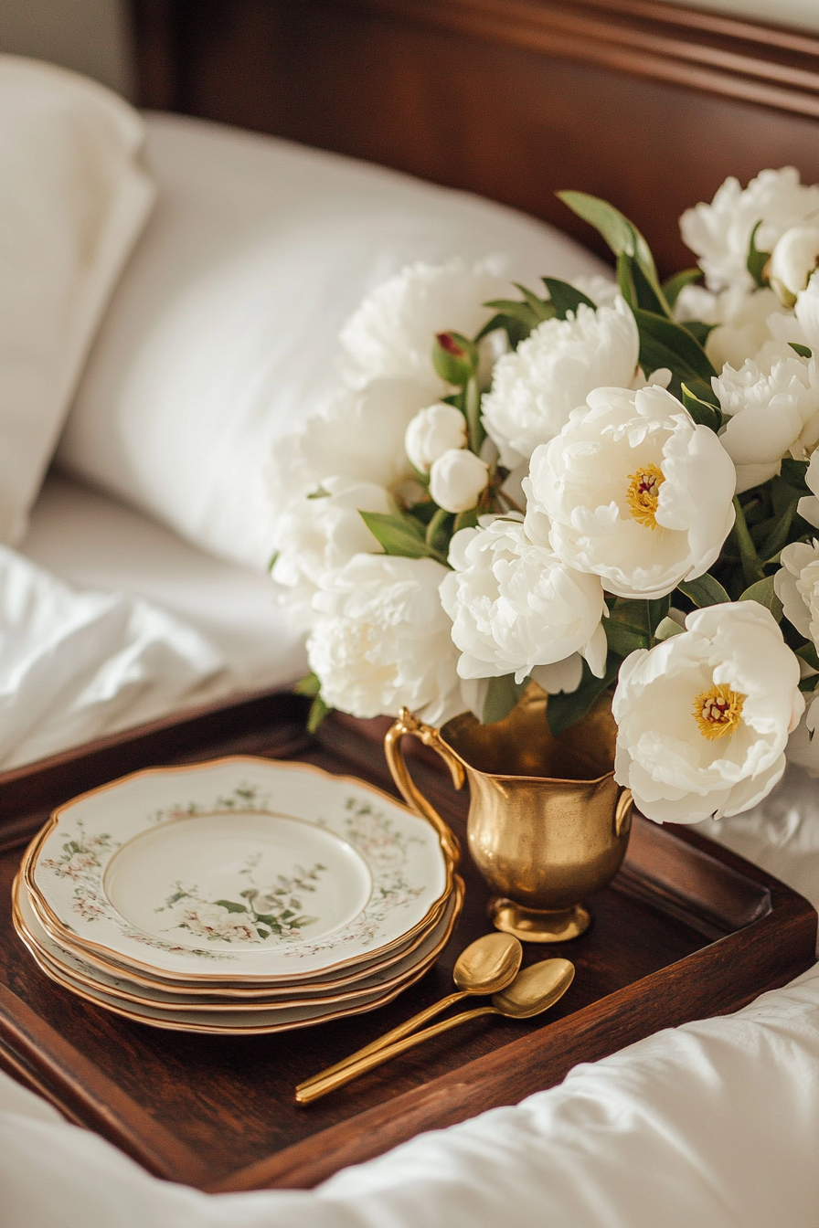 Bedside setup. Mahogany vintage tray, gold servingware, white peonies arrangement.