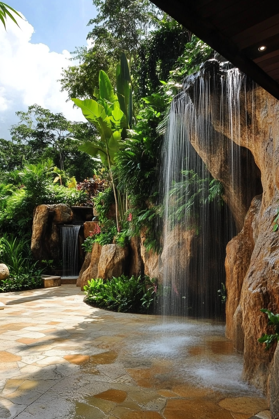 Outdoor shower. Natural rock formation with cascading heads and integrated tropical garden.