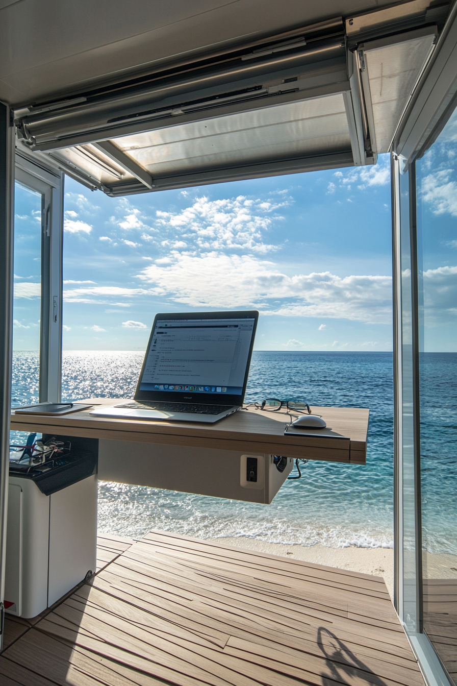 Flexible mobile office. Convertible workstation facing an ocean view, powered by solar technology.