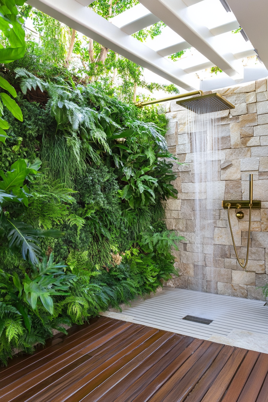 Outdoor bathroom. Teak flooring, brass rainfall shower head, lush fern privacy wall under white pergola.