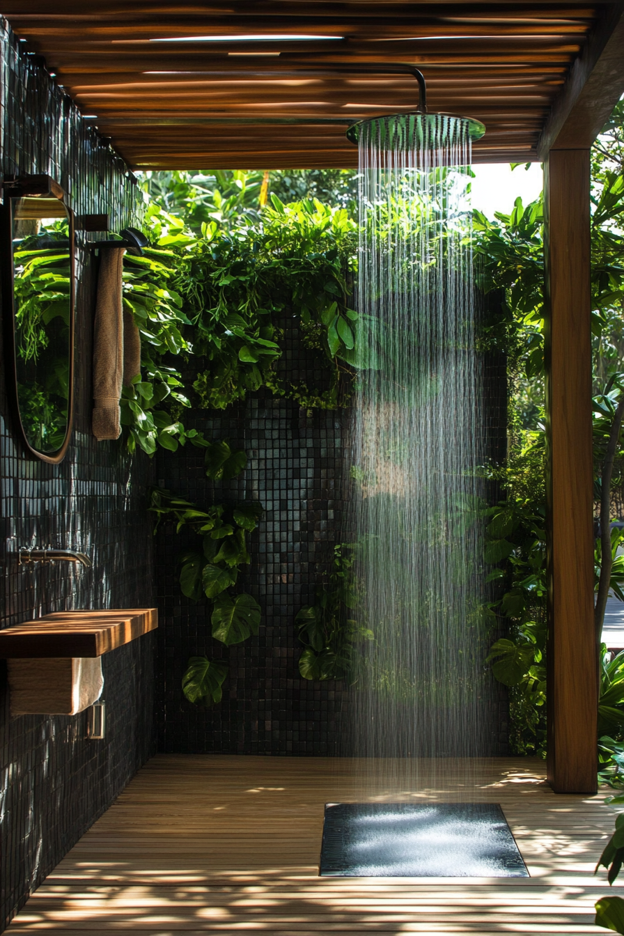 Outdoor bathroom. Teak floor, brushed metal rainfall shower, leafy green walls beneath wooden pergola.