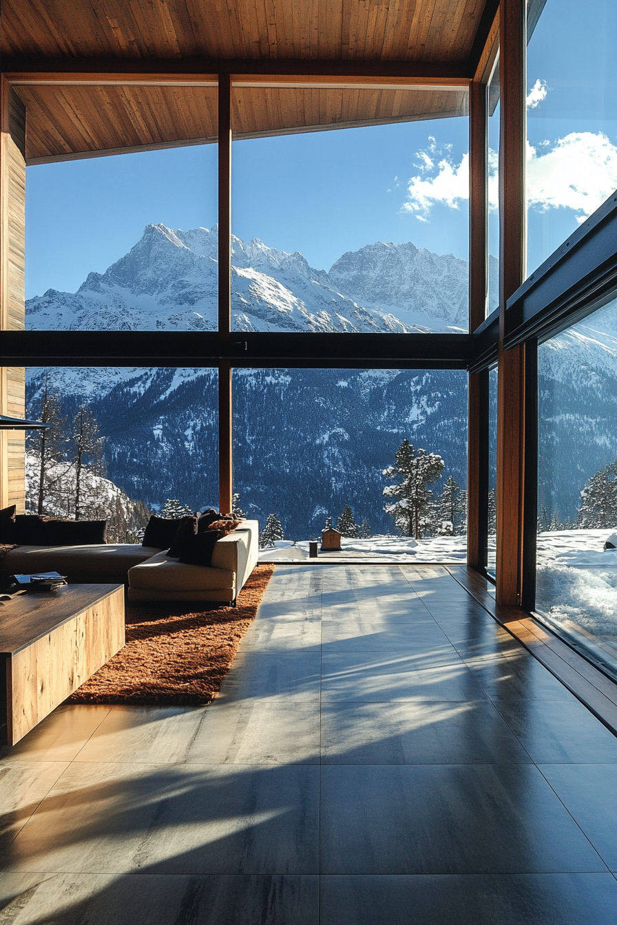 Contemporary Alpine Living. Floor-to-ceiling windows displaying snow-capped mountains.