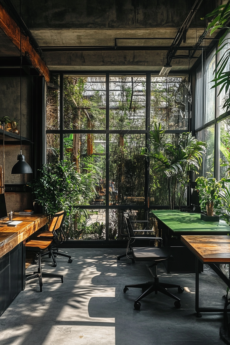 Multifunctional remote workspace. Industrial windows, jungle-green modular desk separating work areas, convertible meeting nook.