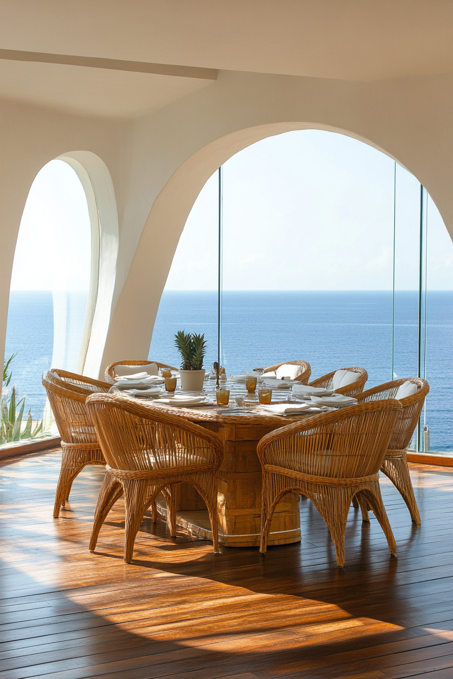 Dining room. Bleached brunette floors, curved rattan chairs, floor-to-ceiling ocean views.