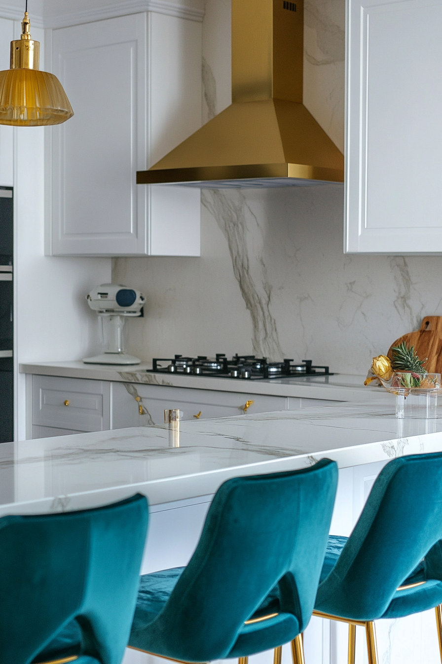 Premium kitchen design. Gold faucity, marble countertop, teal accents.