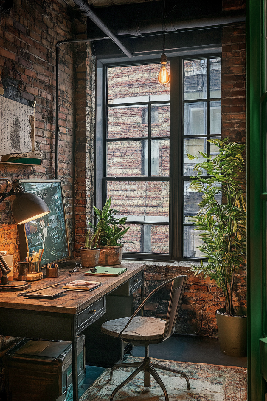 Remote workspace. Modular desk, metal chair, industrial window, green divider, convertible nook.