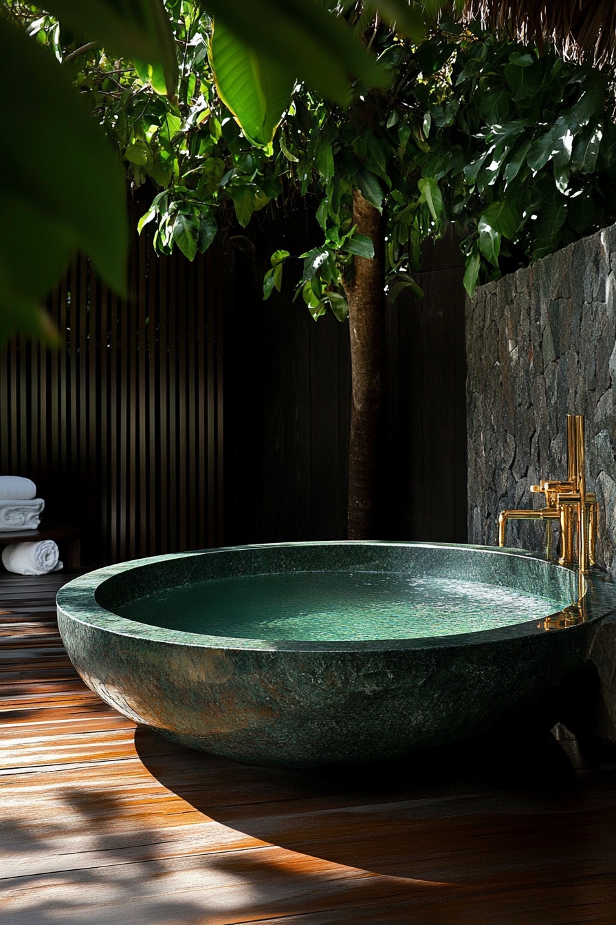 Outdoor bathroom. Luxury round stone tub with ornate gold fittings on teak flooring.