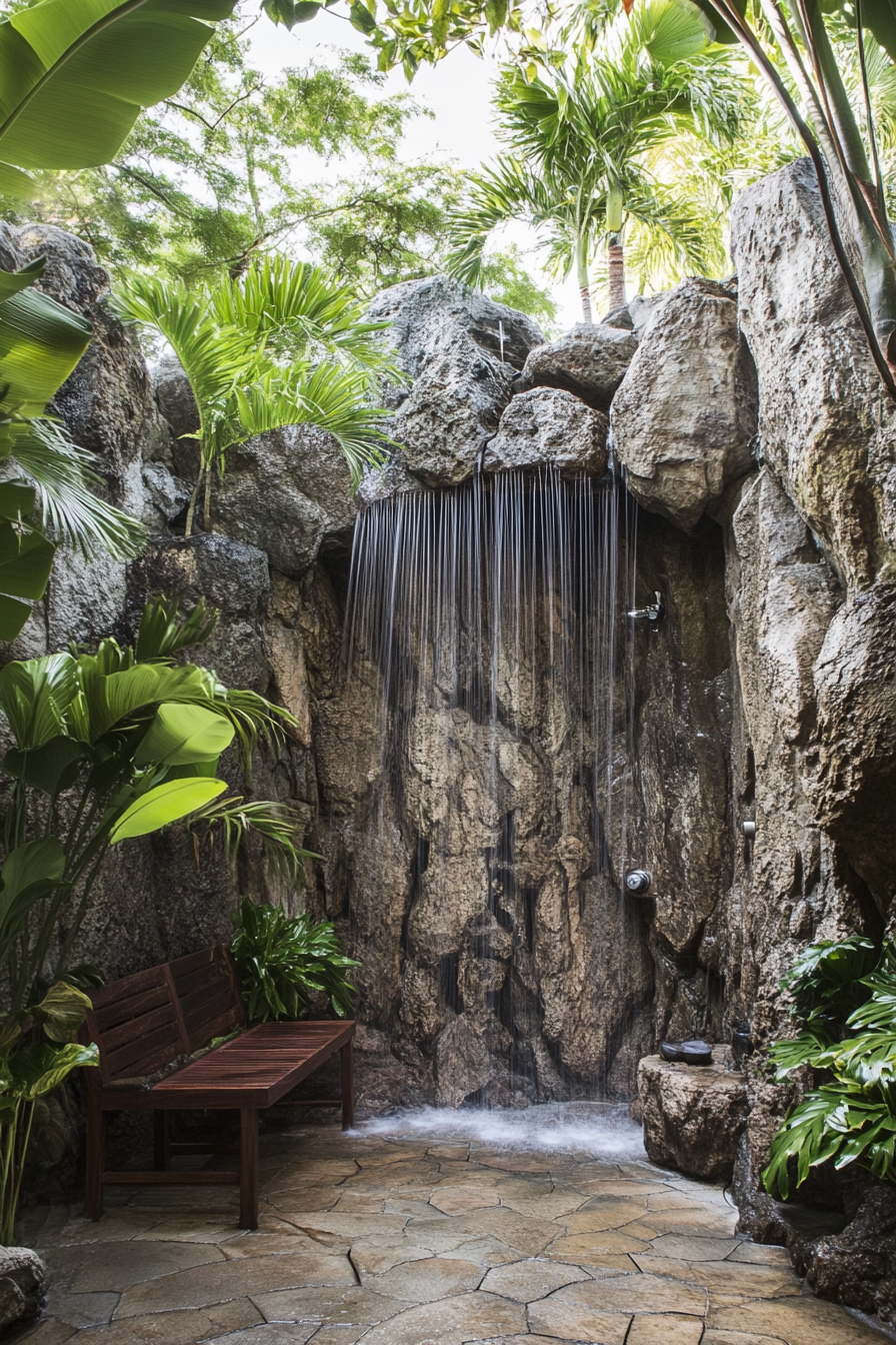 Outdoor shower. Natural rock formation with tropical plants and multiple cascading showerheads.