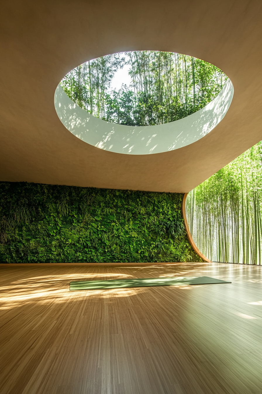 Serene yoga space. Bamboo floors under circular skylight housing a green, living wall.