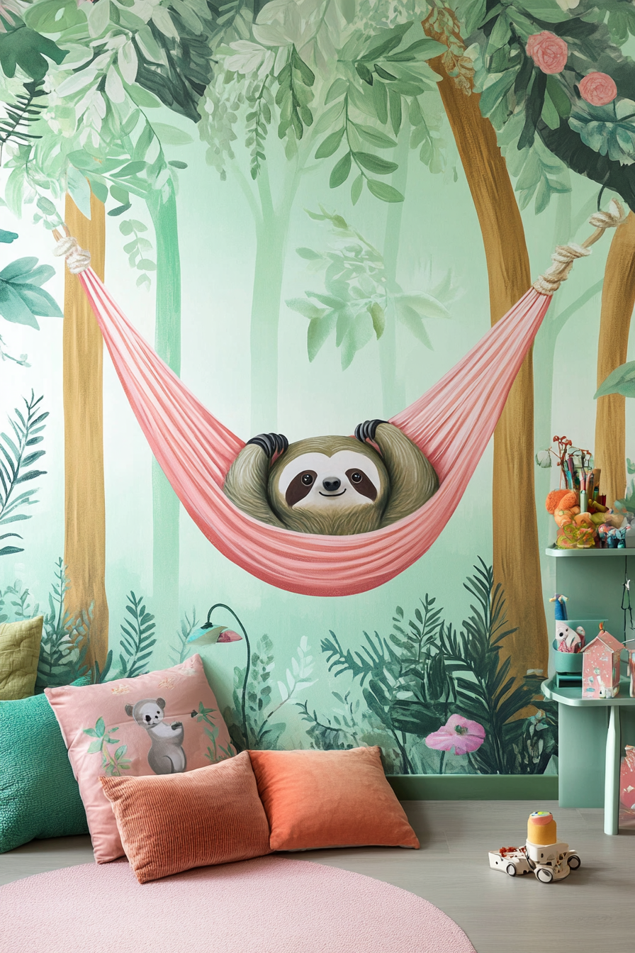 Pastel-colored mural. Mint green forest with hammock-shaped, friendly sloth, on smooth-textured wall.