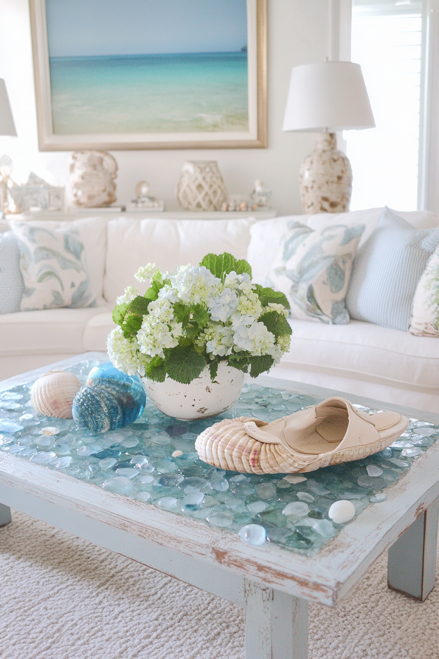 Coastal living room. Distressed blue sea glass coffee table with shell loafers.